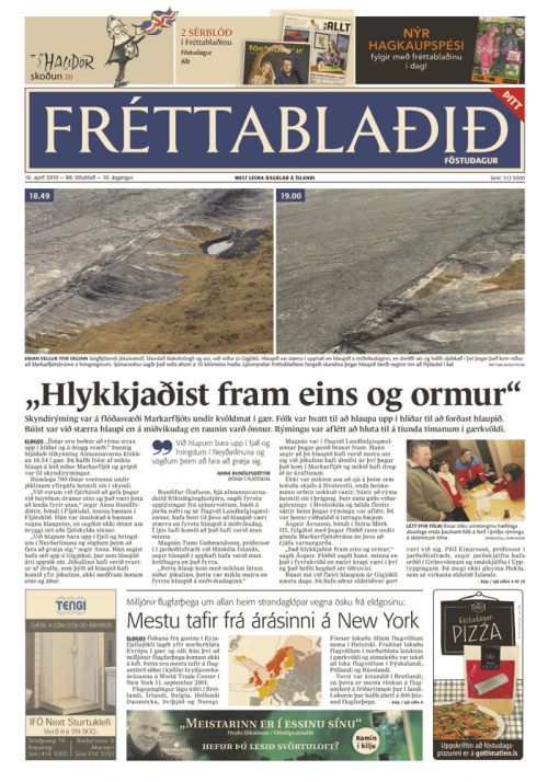 火山噴火により起こった洪水の推移。4月16日付アイスランド無料新聞フレッタブラーゼィス