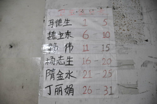 ４階の壁に貼られていた清掃当番表。中国語の氏名の横に、それぞれ担当の日付が書かれている