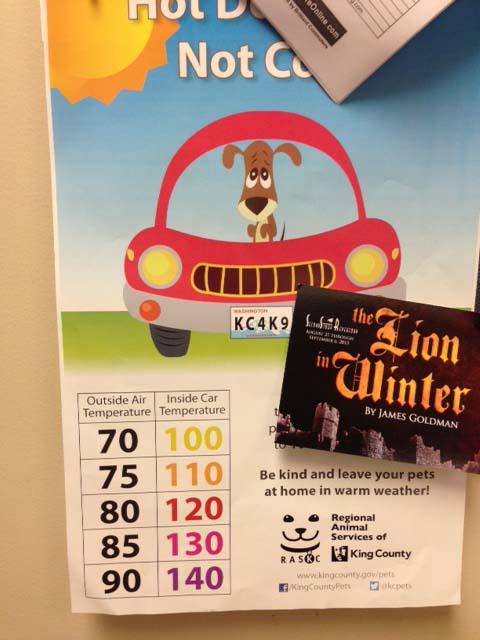 駐車した車の中は煮えるような暑さ。車内と屋外の温度差について書かれたポスターは、暑い日にはペットを家に残して置くように、と伝えています