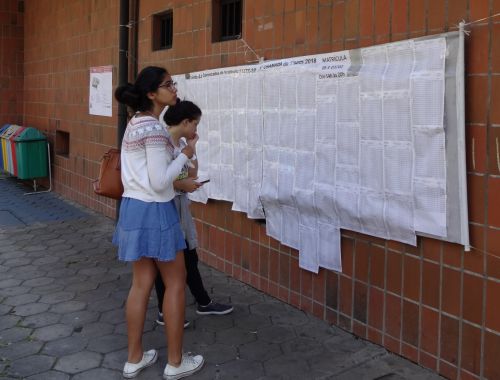 ブラジルの各学校で貼り出された受験結果のリストを見る若者