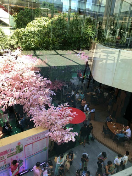 ショッピングモールの中庭に、緑とピンクのコントラストです