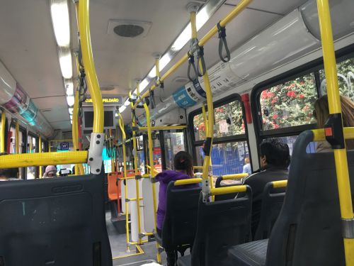 チリのバスの中はこんな感じ。手すりの所々にオレンジ色のボタンが付いているので、それを押して降りることを知らせます。