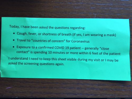 コロナウイルス感染の可能性を問う、病院でもらった質問票。この時はまだコロナウイルスは対岸の火事的に感じられていました。