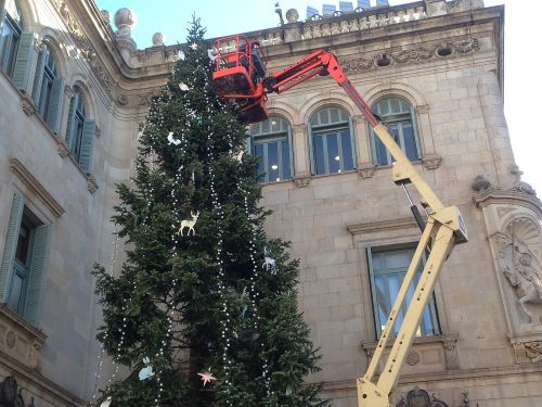 バルセロナ市庁舎前広場のクリスマスツリーの飾りつけをしているところ。 