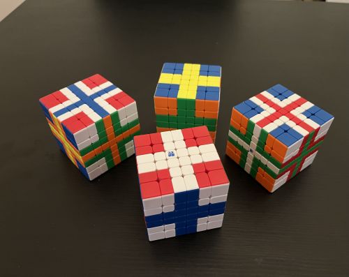 北欧５カ国集合。デンマーク＆フィンランドは一つのキューブで物理的に同時に作れます。６×６、７×７キューブを２個ずつ用いて作りました